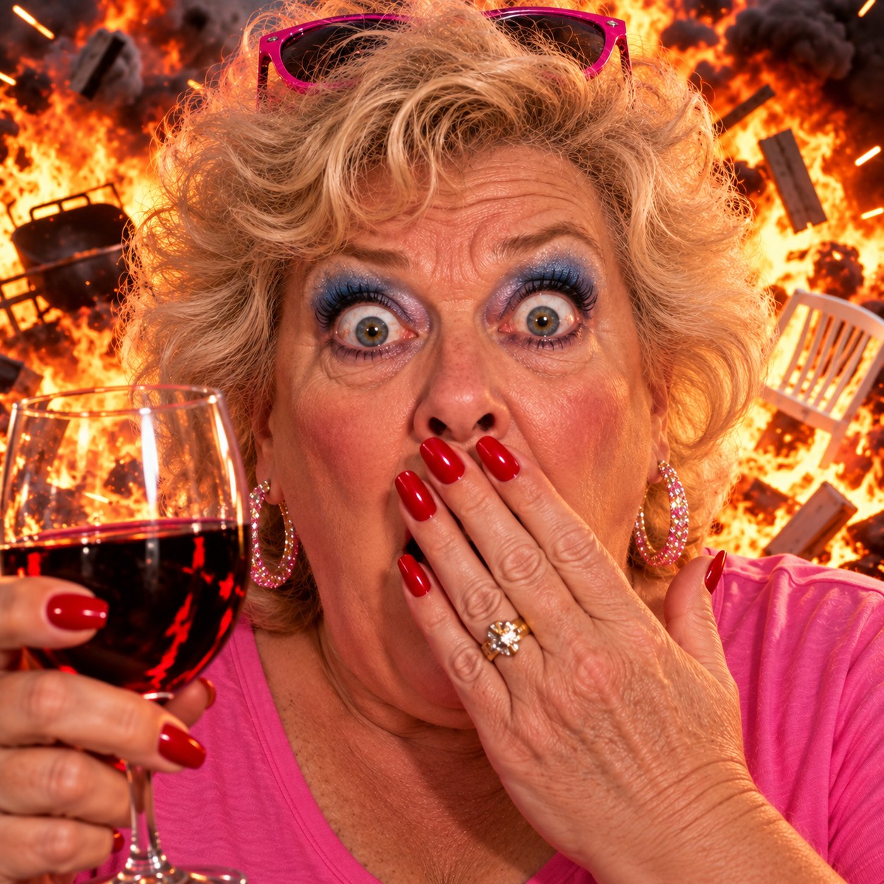 Shocked MOMS holding red wine as chaos erupts behind her