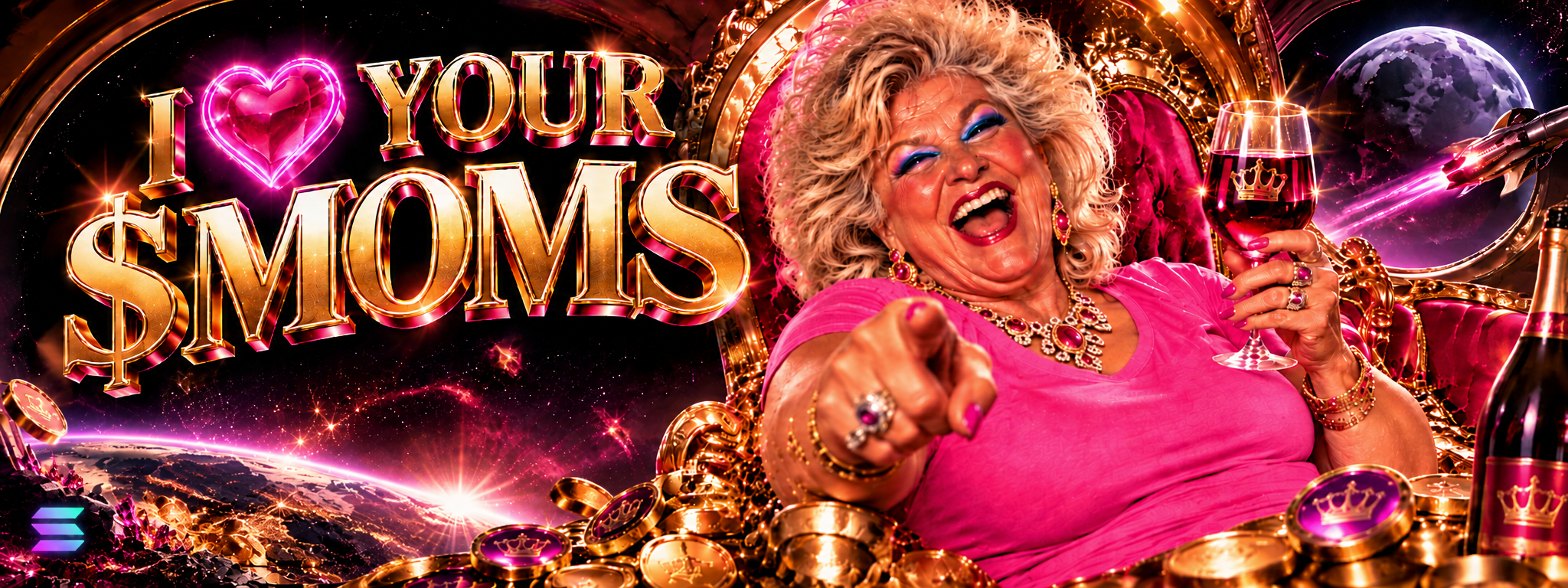 Royal Moms laughing on her golden throne, holding red wine beneath the I love your MOMS headline